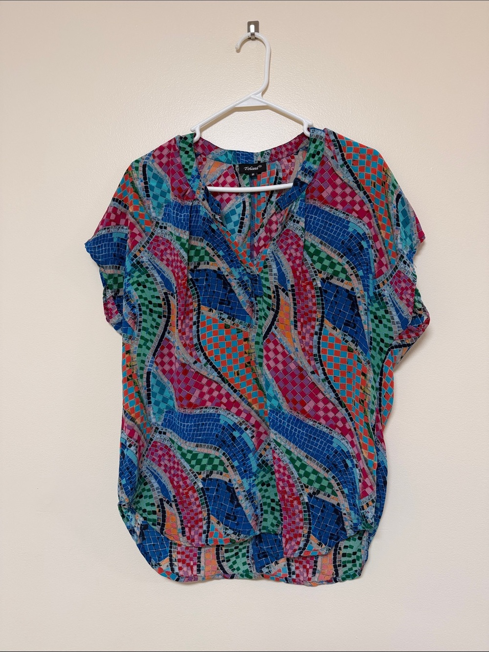 Feathers by Tolani Mosaic Tile Print Split V-Neck Blouse - Multicolor